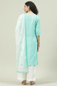 Aqua Printed Cotton Straight Kurta Palazzo Suit Set image number 4