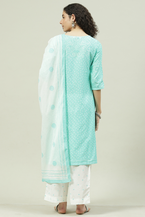 Aqua Blue and White Cotton Straight Suit Set image number 4