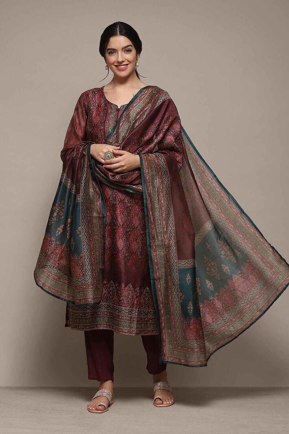 Wine Chanderi Unstitched Suit Set image number 8
