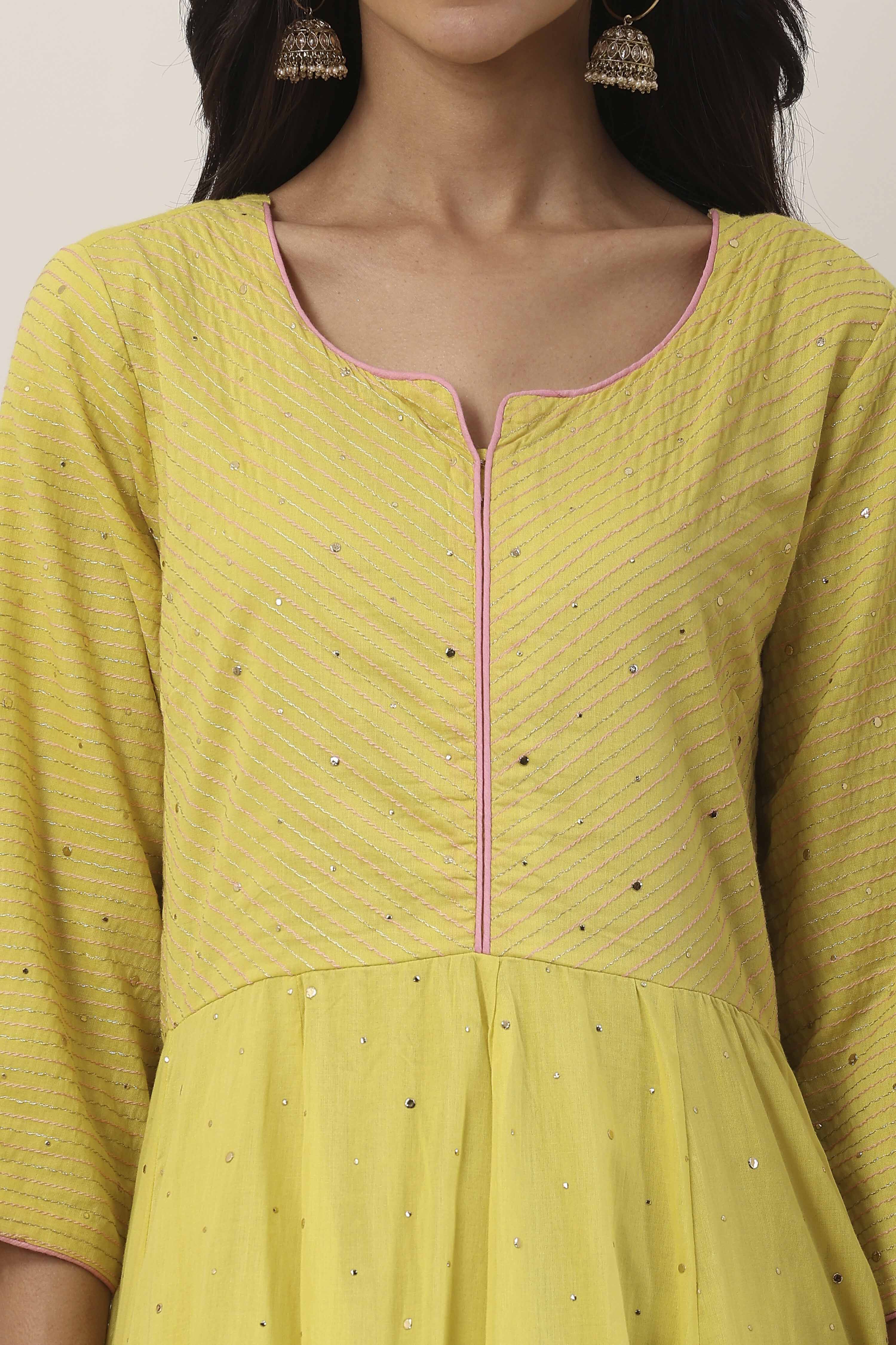 Yellow Cotton Anarkali Suit Set image number 1