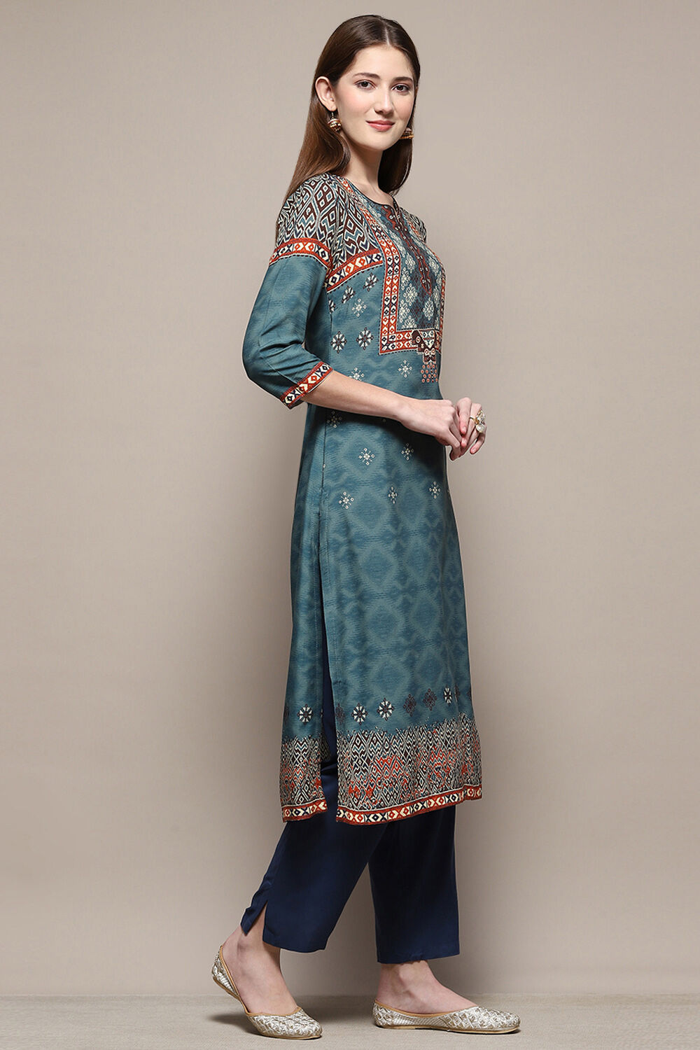 Teal Rayon Straight Printed Kurta image number 4