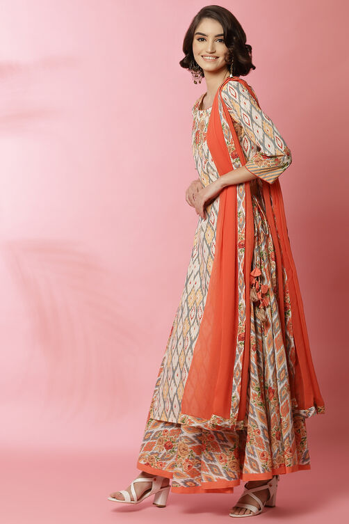 Multi-coloured Cotton Straight Kurta Skirt Suit Set image number 5