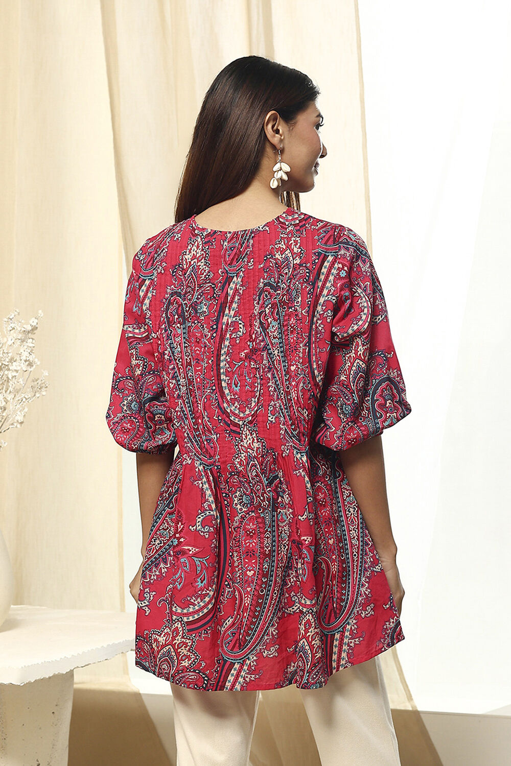 Magenta Cotton Printed A-Line Short Kurta image number 3