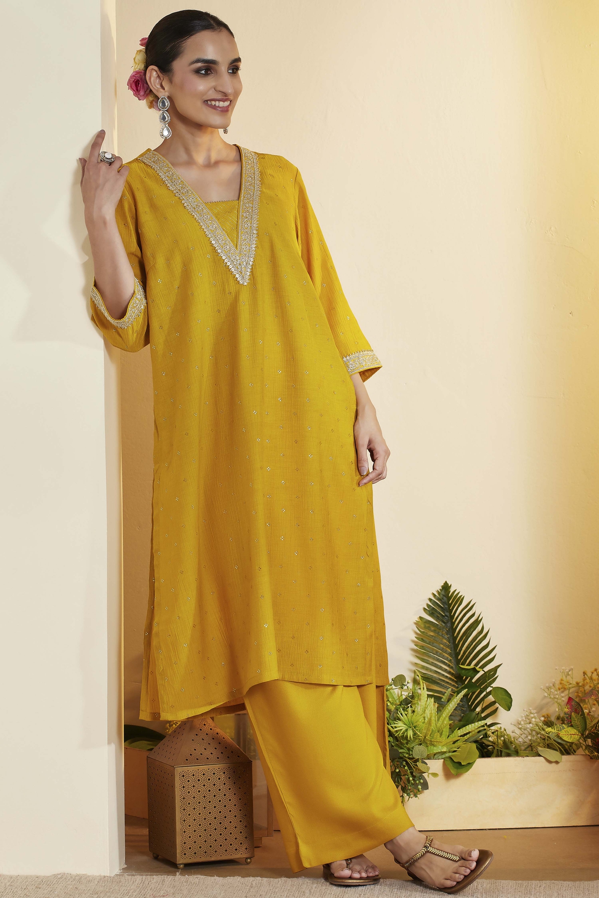 Yellow Viscose Blend Straight Suit Set