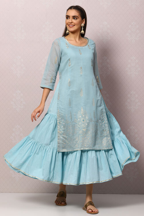 Sky Blue Art Silk Double Layered Kurta image number 0