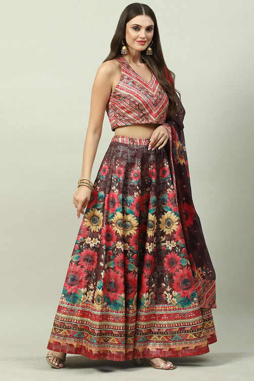 Chocolate Brown Art Silk Lehenga Set image number 6