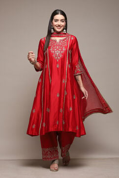 Red Cotton Silk Kalidar Kurta Palazzo Suit Set image number 6
