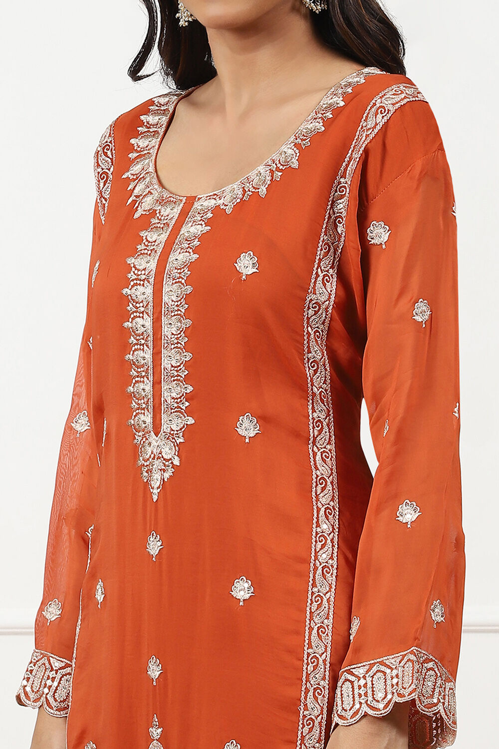 Mustard Organza Machine Embroidered Unstitched Suit Set image number 2