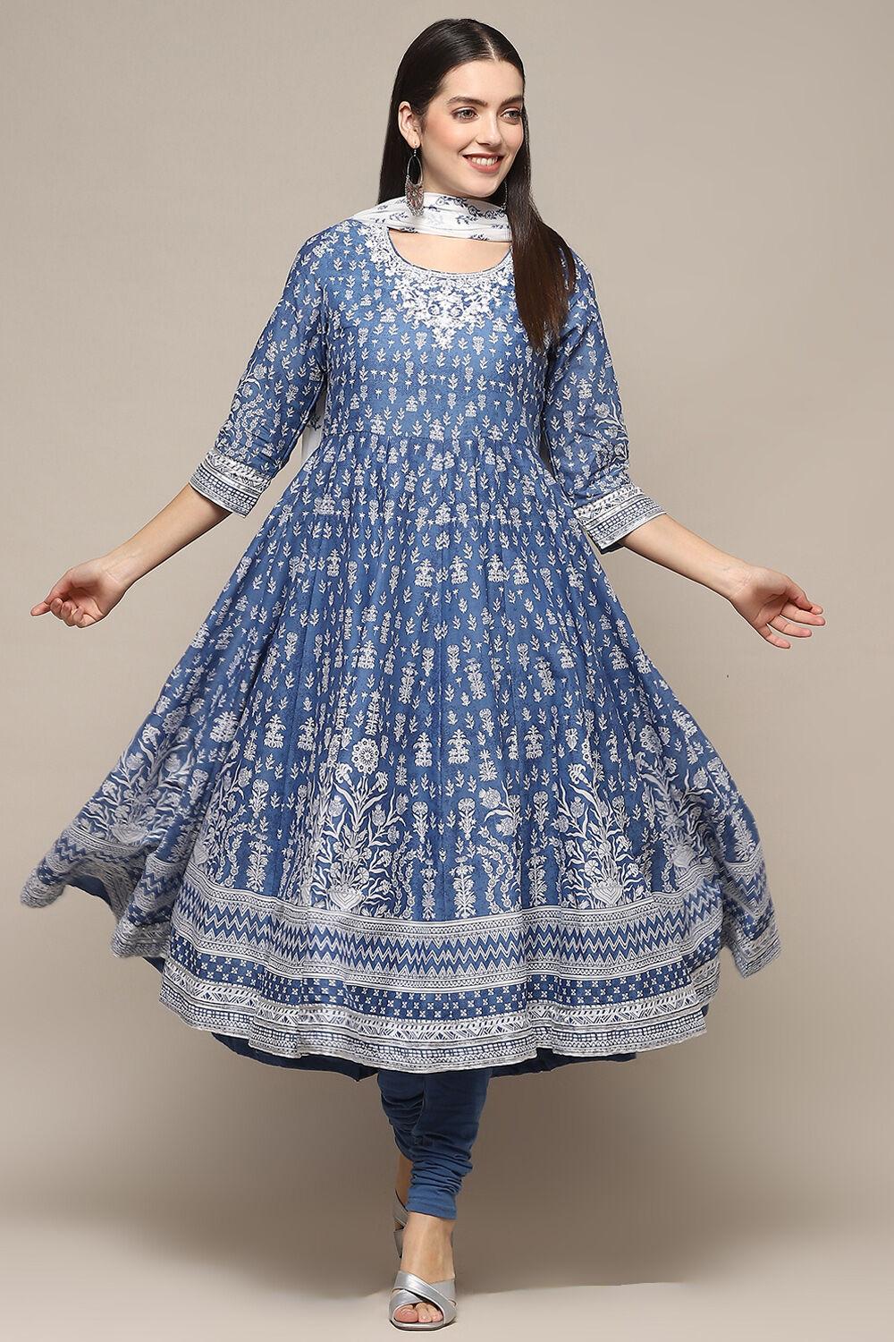 Blue Cotton A Line Suit Set at Biba India