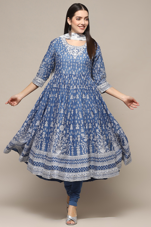 Blue Cotton A-Line Suit Set image number 0