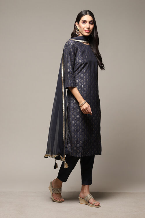 Dark Navy Art Silk Straight Kurta Slim Pants Suit Set image number 6