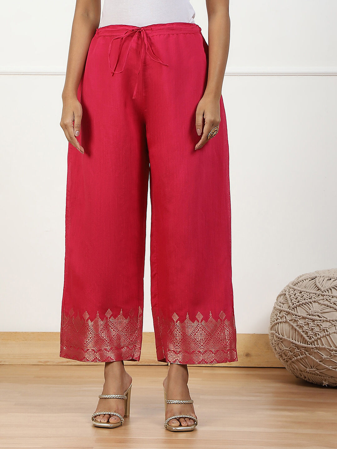 Pink Jacquard Solid Straight Palazzo Pants image number 4