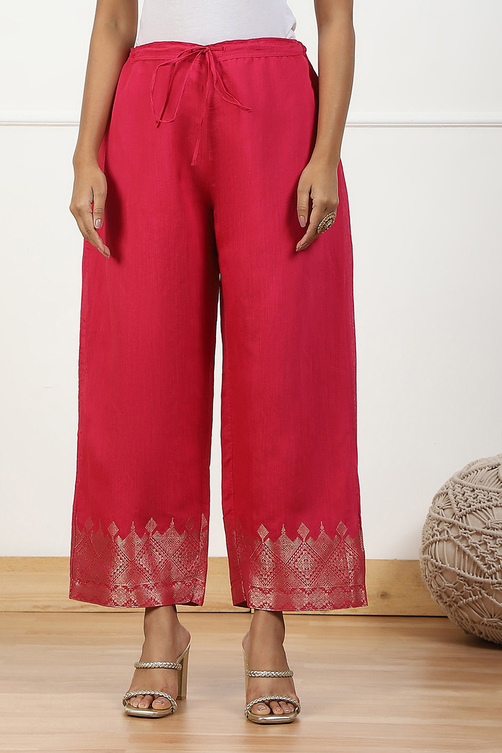 Blue Jacquard Solid Straight Palazzo Pants image number 4