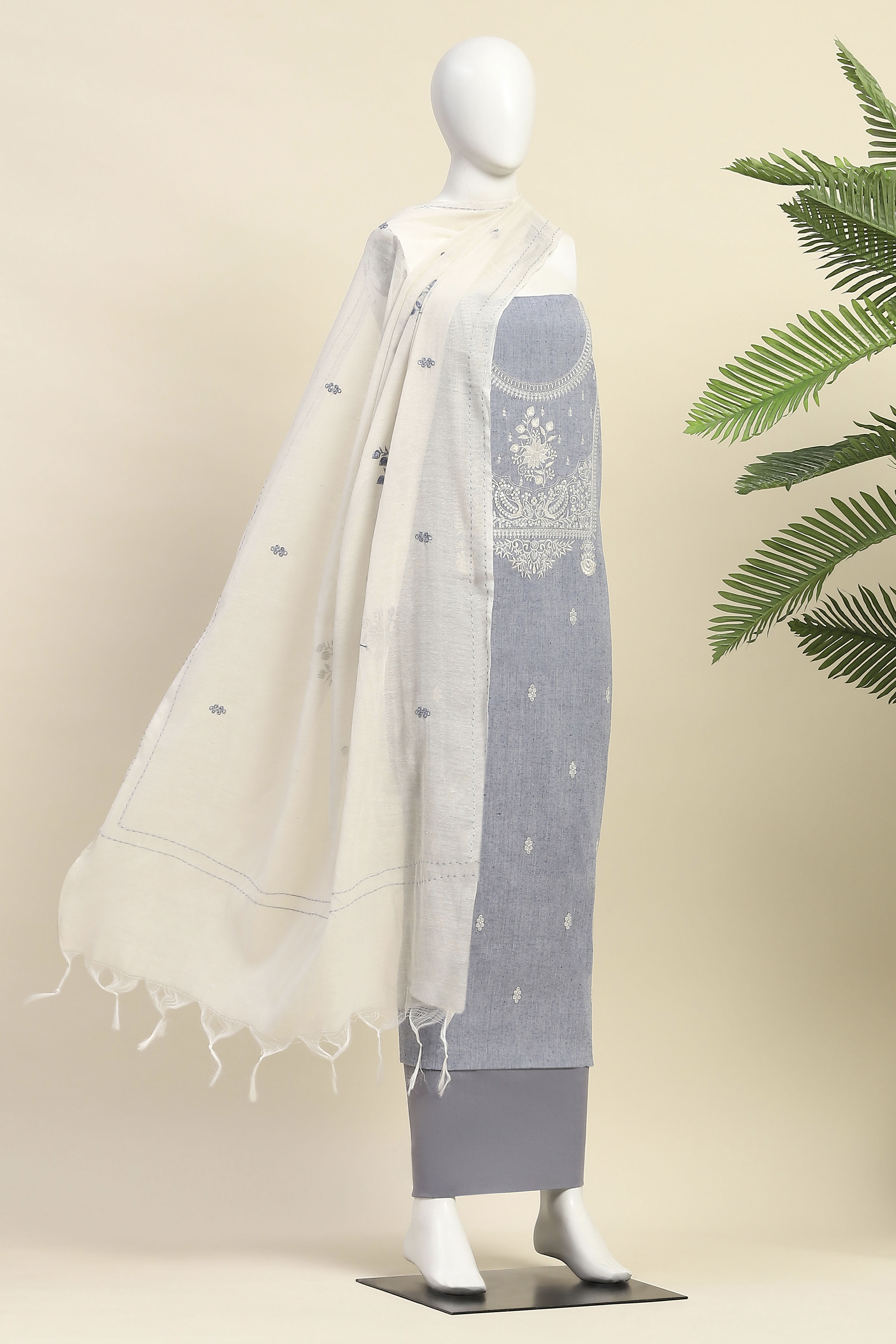 Blue Cotton Printed Unstitched Kurta Set image number 4