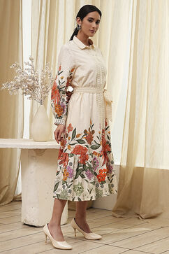 Beige Cotton Floral Shirt-Style Flared Dress image number 4