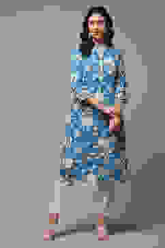 Sky Blue LIVA Straight Printed Kurta image number 1