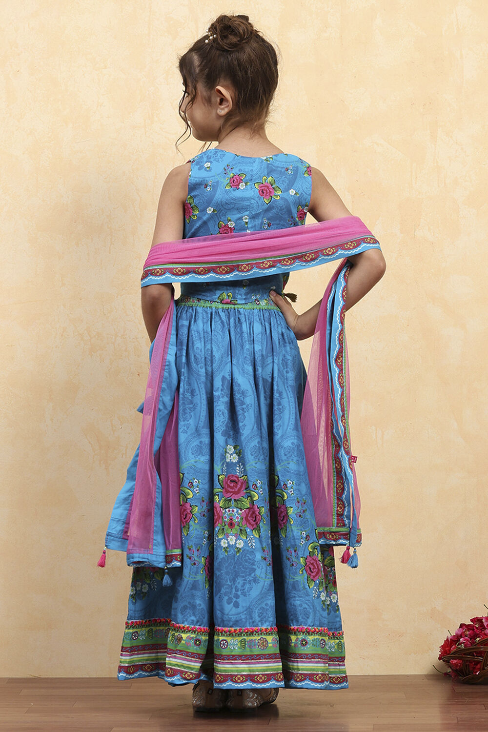 Blue Cotton Printed Straight Lehenga Set image number 4
