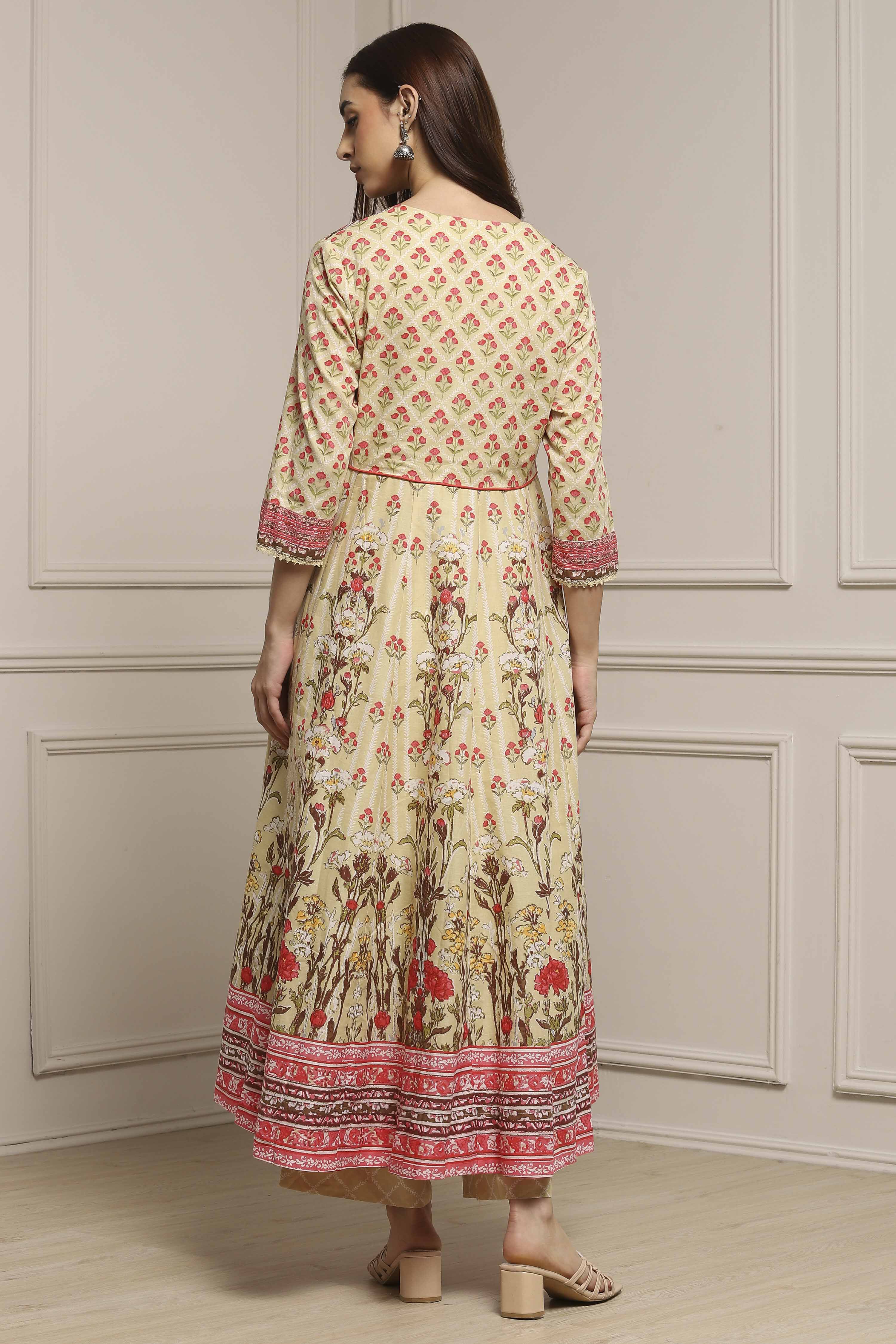 Off-White and Pink Cotton Printed Anarkali Suit Set image number 4