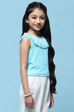 Blue Sleeveless Top With Schiffli Lace Detail image number 4