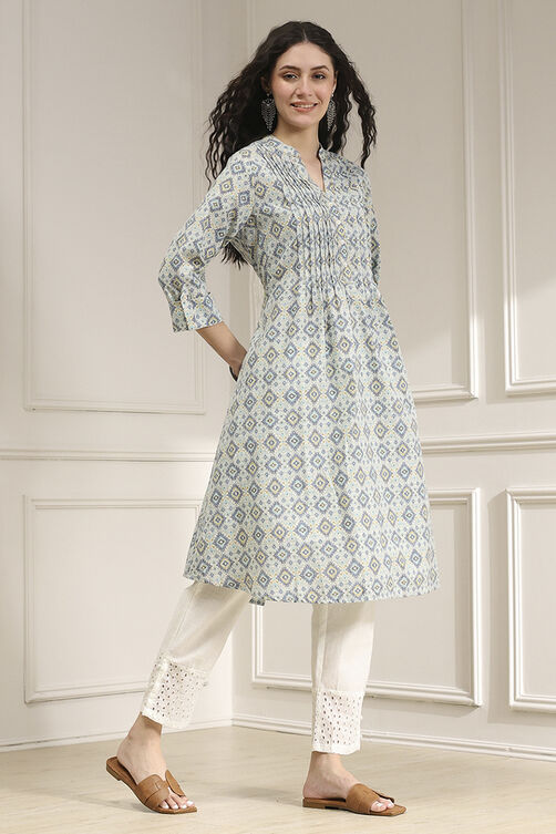 Blue Cotton Printed A-Line Kurta image number 4