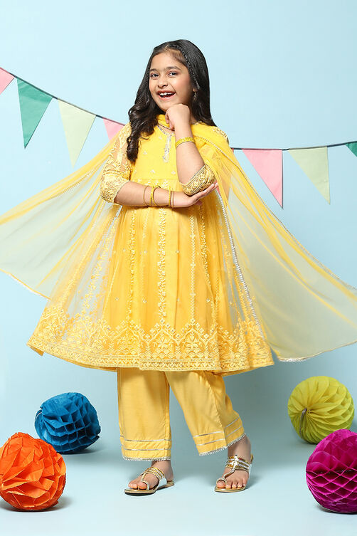Yellow Nylon Gathered Embroidery Kurta Palazzo Suit Set image number 0