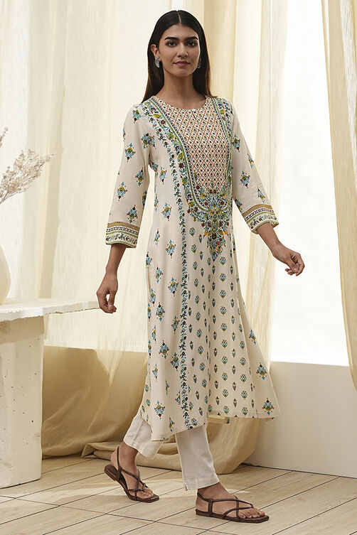 Cream-Colored Printed Straight Kurta image number 4