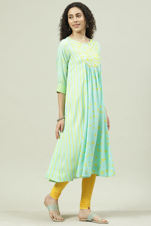 Turquoise Cotton Flared Printed Kurta image number 3