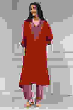 Red Satin Solid Kaftan-Style Kurta Set image number 6