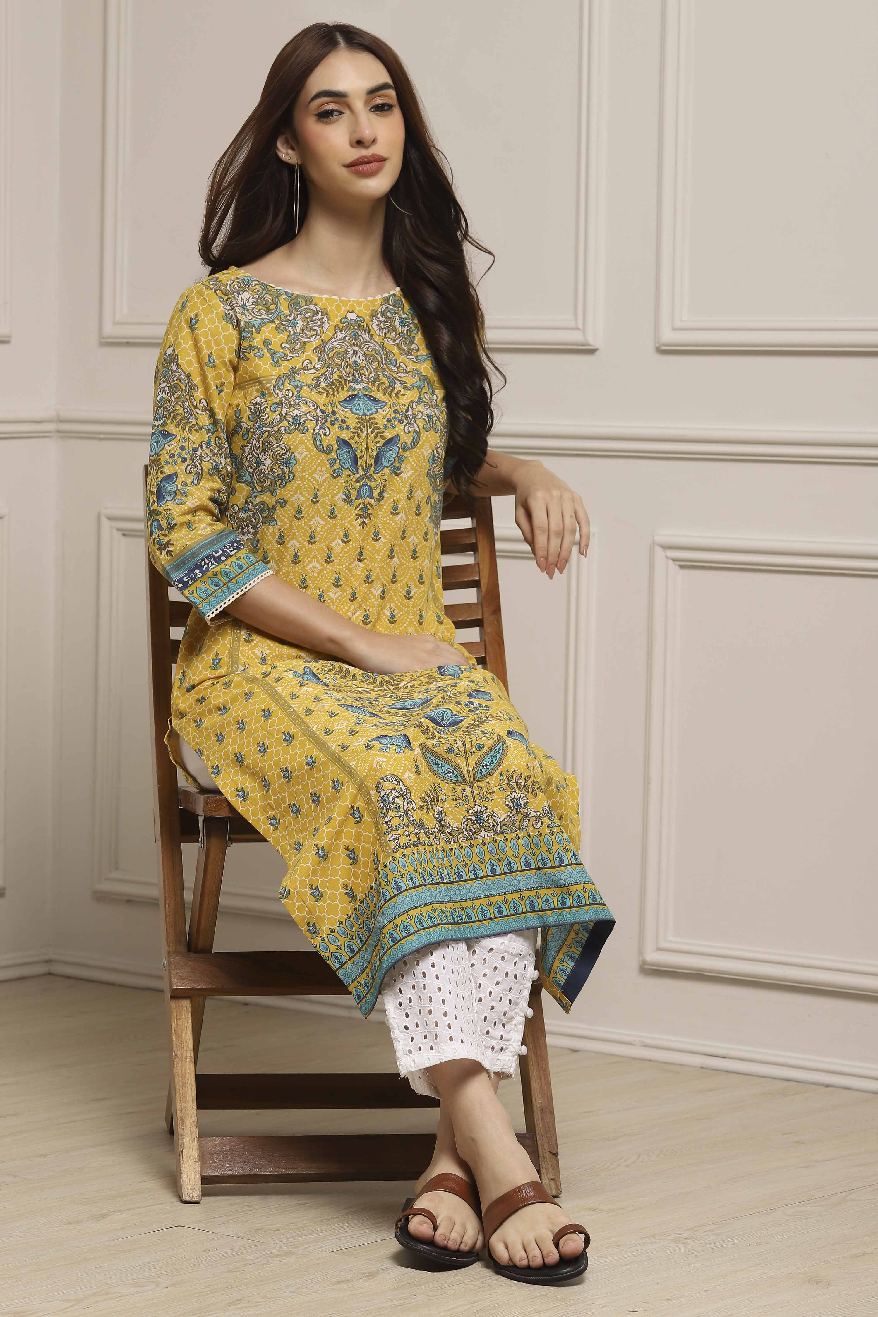 Yellow Cotton Printed Straight Kurta image number 0