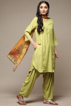 Green Cotton Blend A-Line Kurta Salwar Suit Set image number 7