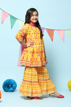 Yellow Cotton Gathered Printed Kurta Sharara Suit Set image number 2