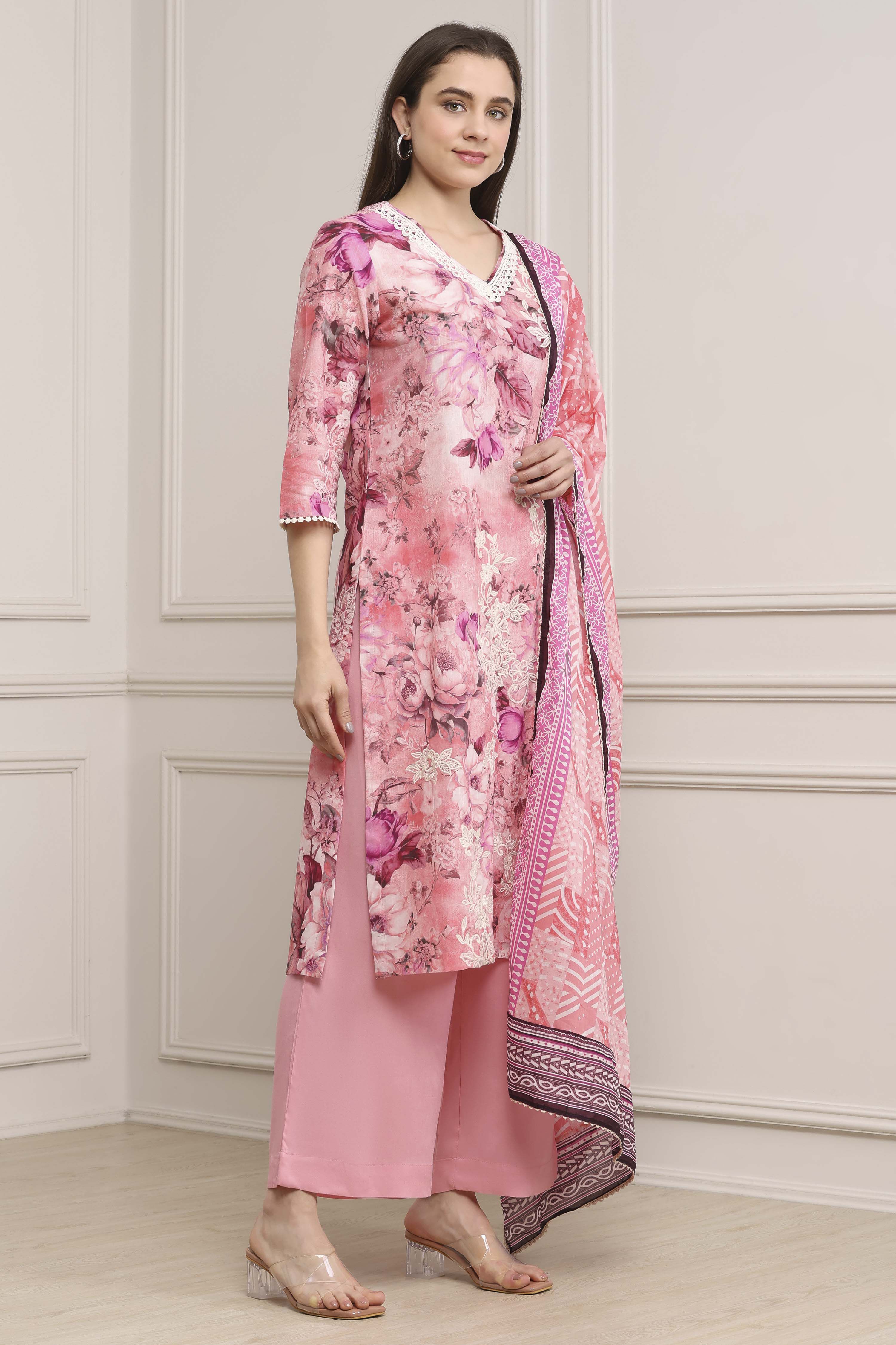 Beige Cotton Straight Suit Set image number 5