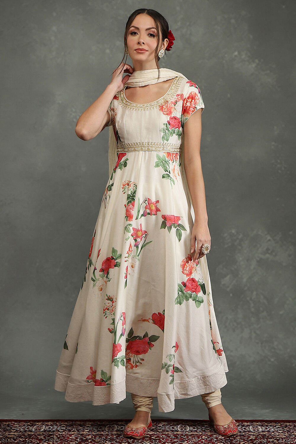 Rohit Bal Cream-Colored Silk Chanderi Floral Printed Anarkali Suit Set image number 6