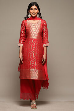 Rust Viscose & Metallic Straight Kurta Palazzo Suit Set image number 7