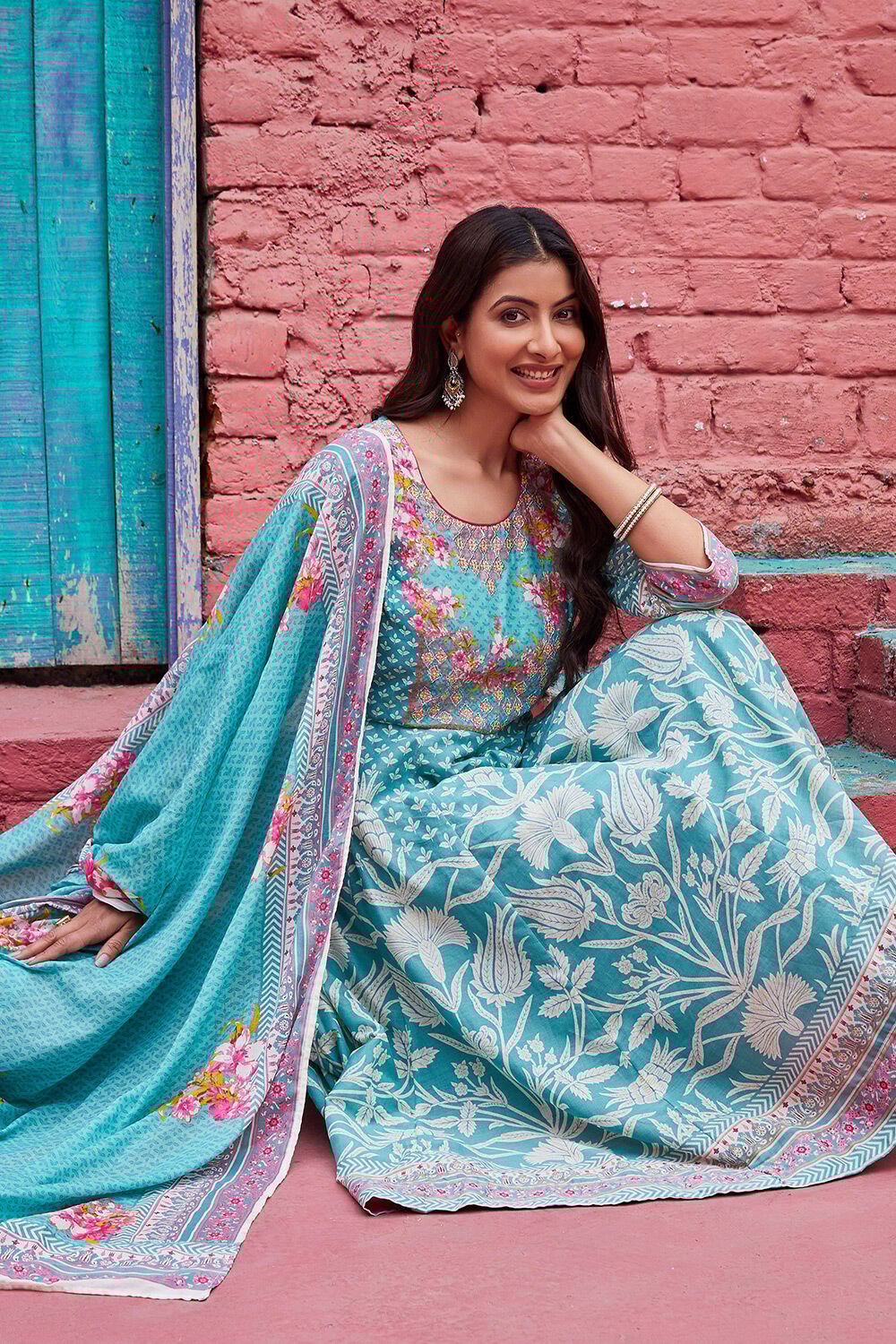 Green Cotton Anarkali Suit Set at Biba India