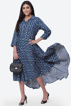 Blue Rayon Asymmetric Printed Dress image number 5