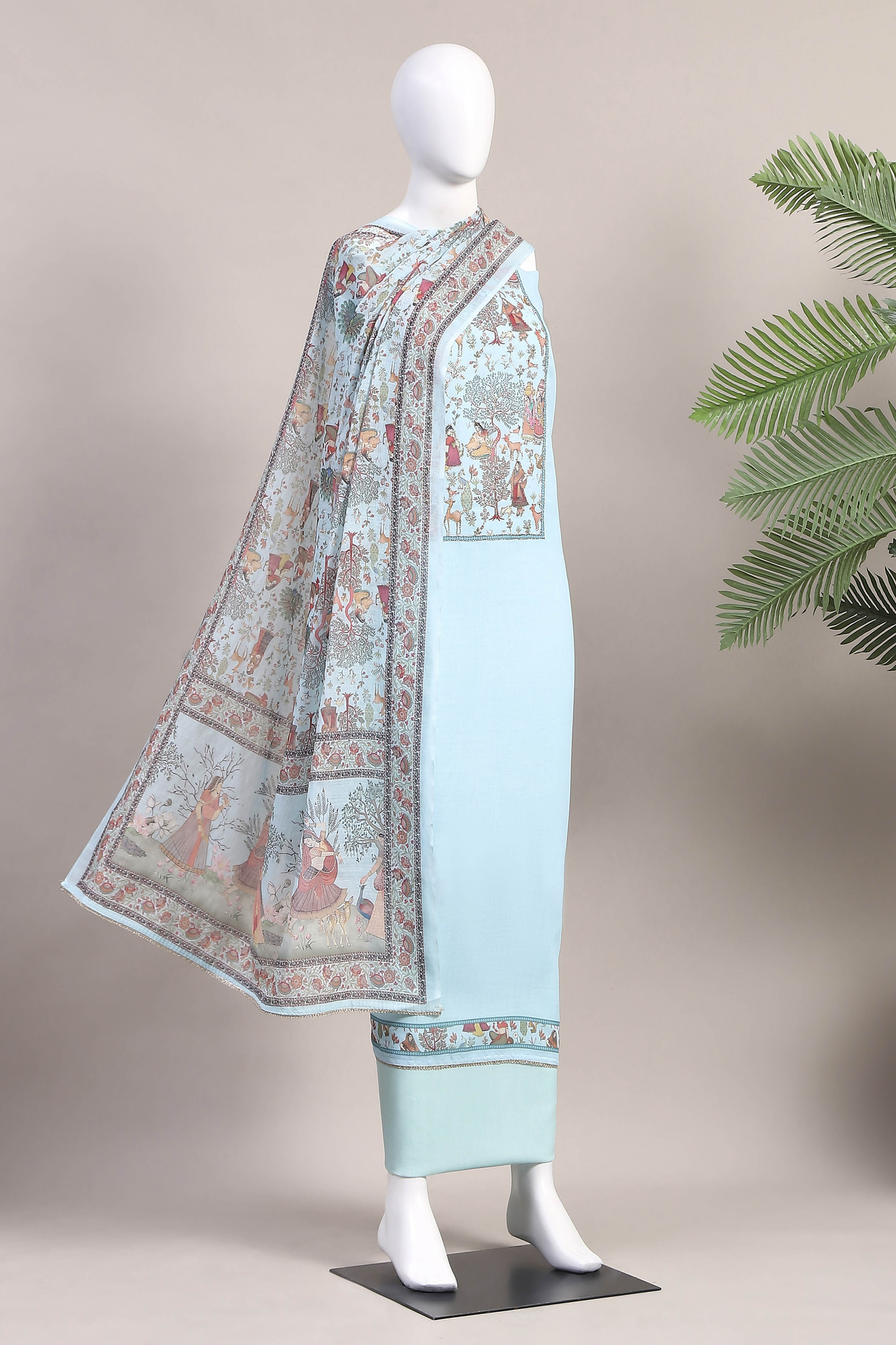 Pink Cotton Printed Embroidered Unstitched Suit Set image number 4