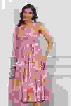 Pink Floral Printed Kalidar Flared Dress image number 6