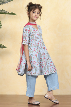 Blue Cotton Printed Anarkali Suit Set image number 5