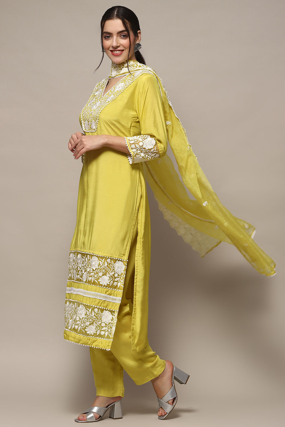Yellow Muslin Unstitched Suit set image number 5