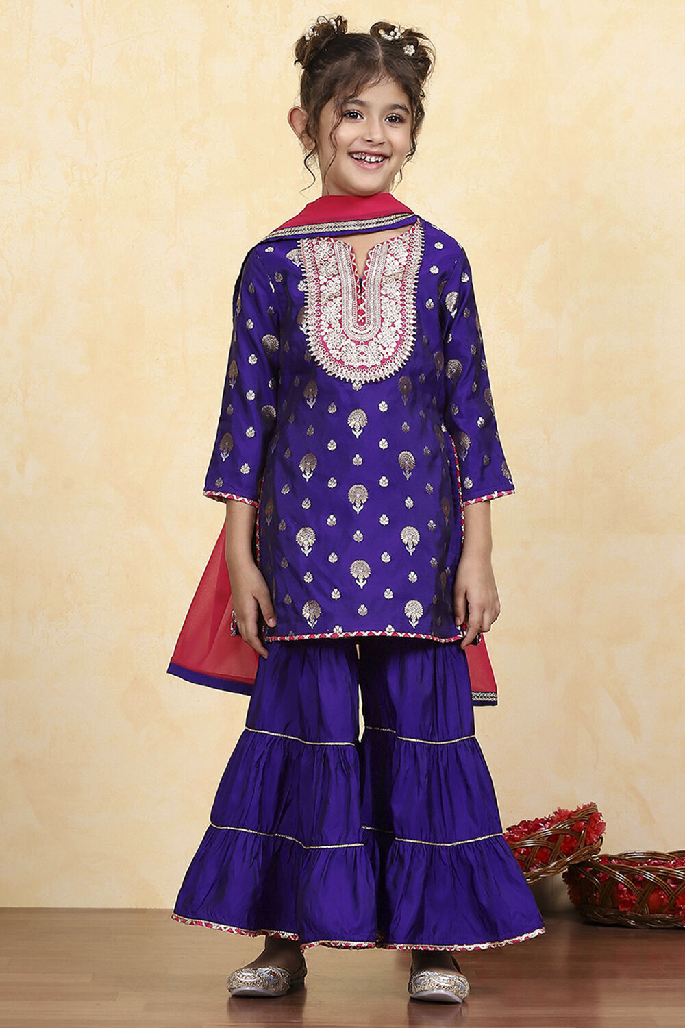 Purple Brocade Yarndyed Straight Sharara Suit Set image number 6