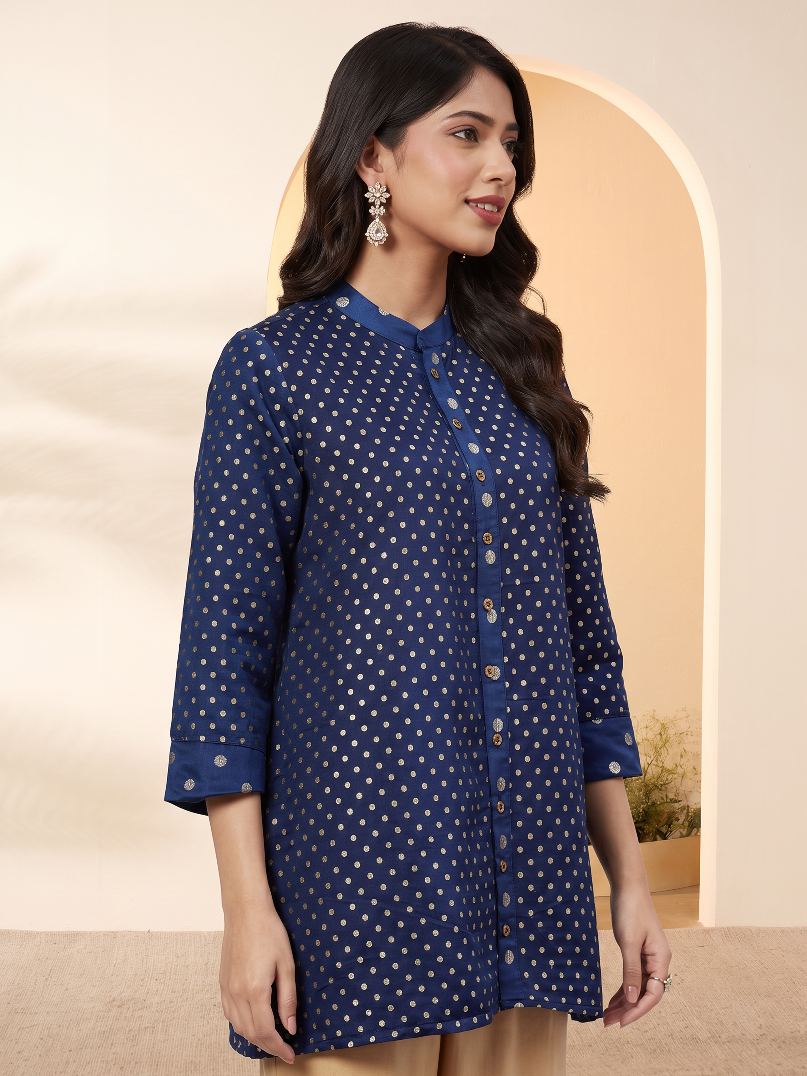 Blue Polka Dot A-Line Shirt-Style Kurti image number 6
