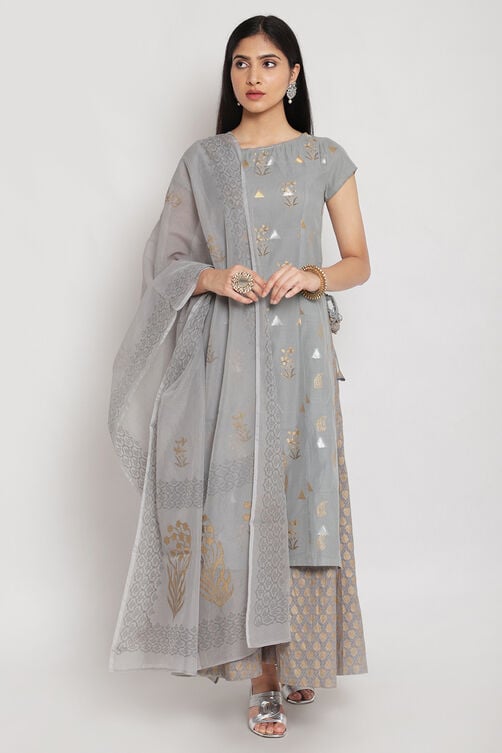Grey Poly Metallic Cotton Straight Kurta Sharara Suit Set image number 0