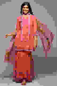 Coral Pink Cotton Blend Straight Kurta Garara Suit Set image number 0