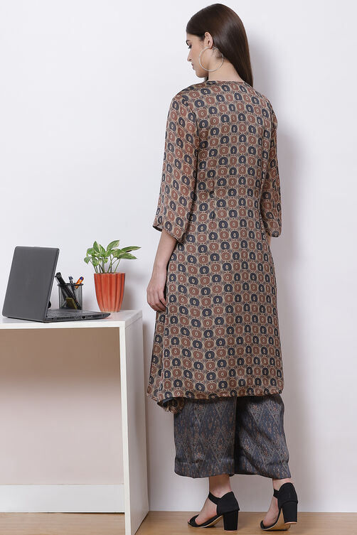 Khaki Poly Cotton A-Line Kurta Palazzo Suit Set image number 6