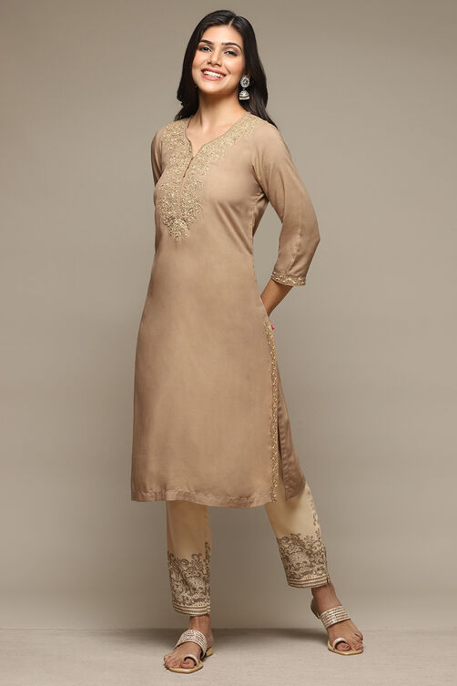 Brown Rayon Straight Kurta Pants Suit Set image number 0