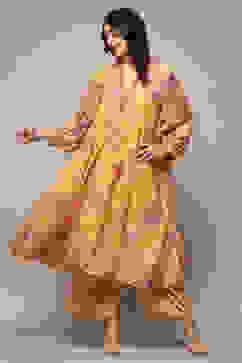 Yellow Poly Viscose A-Line Printed Kurta Palazzo Suit Set image number 0