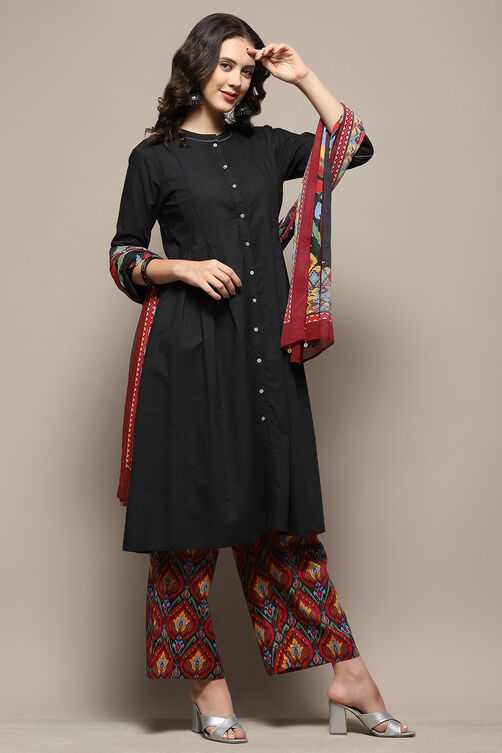 Charcoal Grey Cotton Pleated Kalidar Suit Set