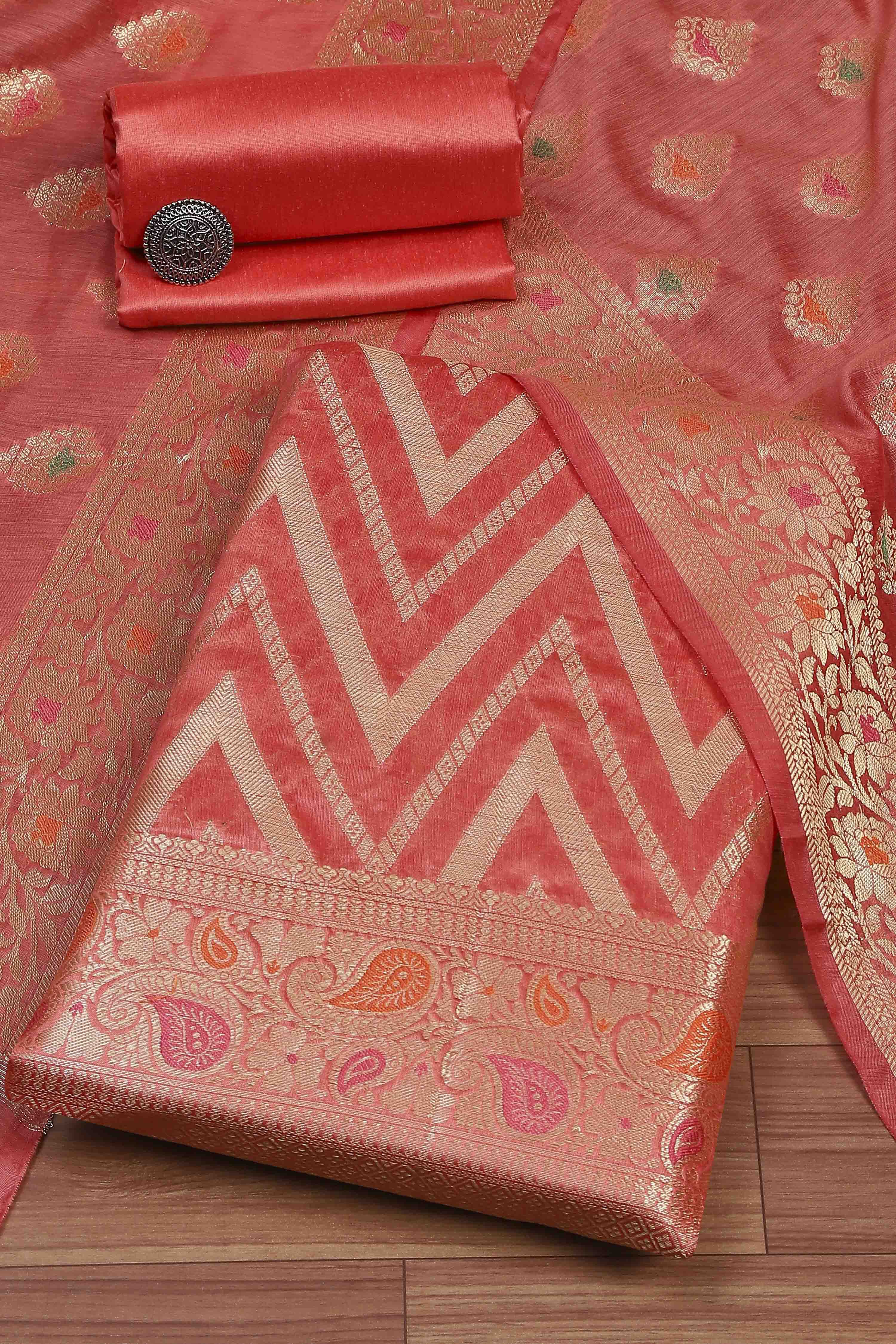 Red Cotton Printed Embroidered Unstitched Suit Set image number 0