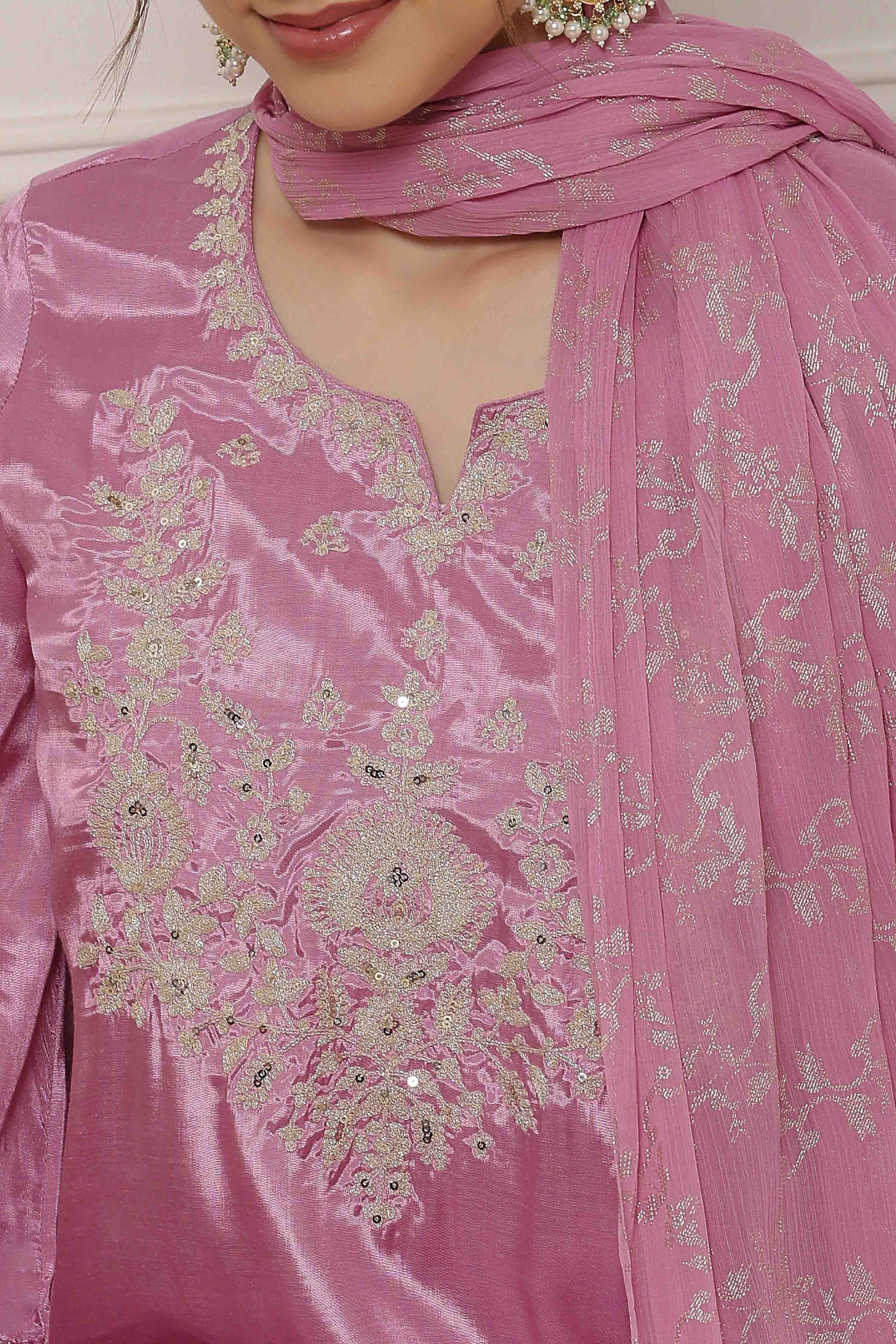 Pink Viscose Shantoon Embroidered Straight Suit Set image number 1